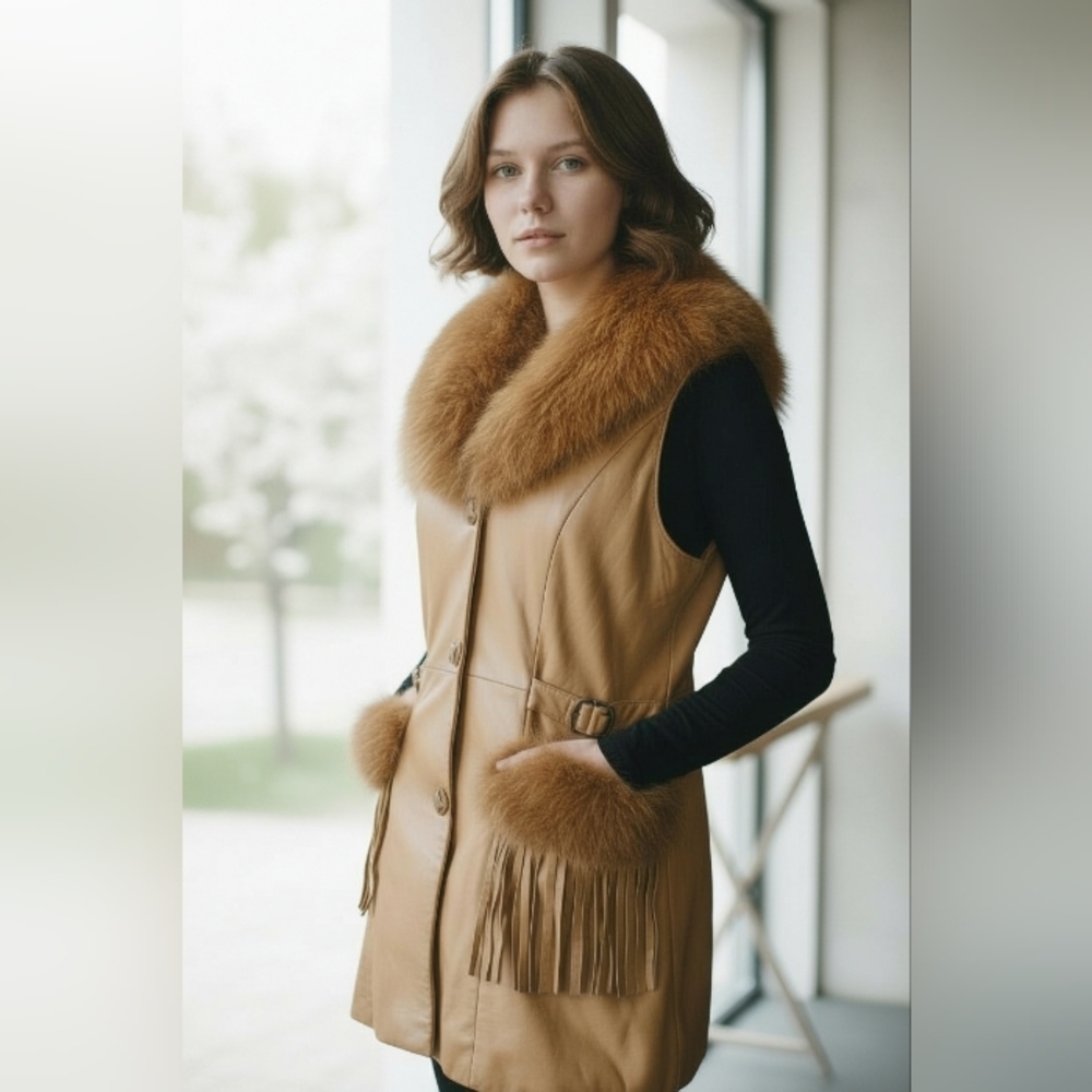Kaimanni Woman Cognac Fox Sheepskin Leather Vest Mob Wife Old Money Fringe